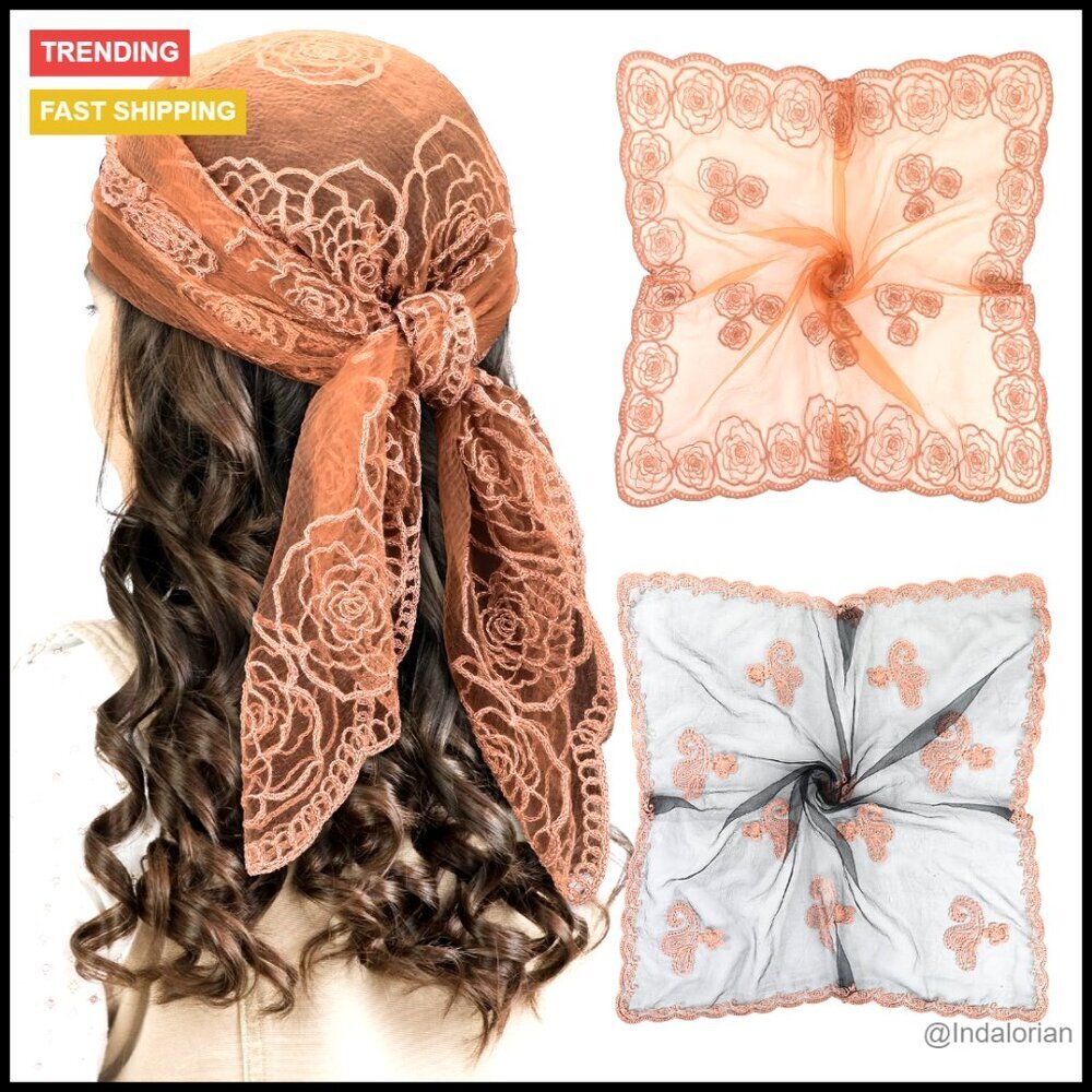 Floral Lace Head Scarf Sheer Lightweight Square Bandana Elegant Boho Accessory